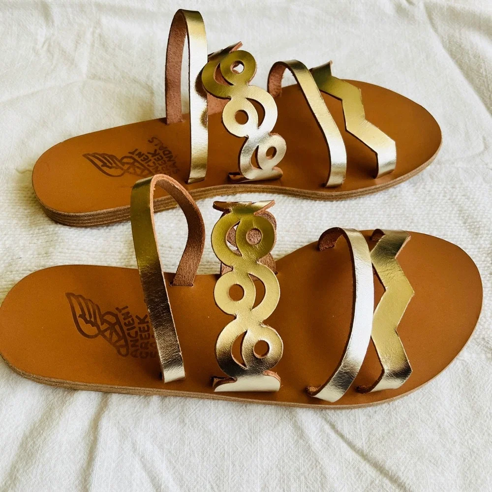 Ancient Greek Sandals Metallic Platinum Hand Made Leather Multi Strap Size 38
